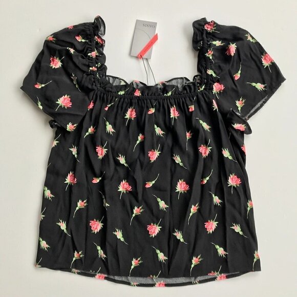 OASIS NWT Rose/Black Print short sleeve elastic ruffled neck viscose breathes 12 - Picture 16 of 16